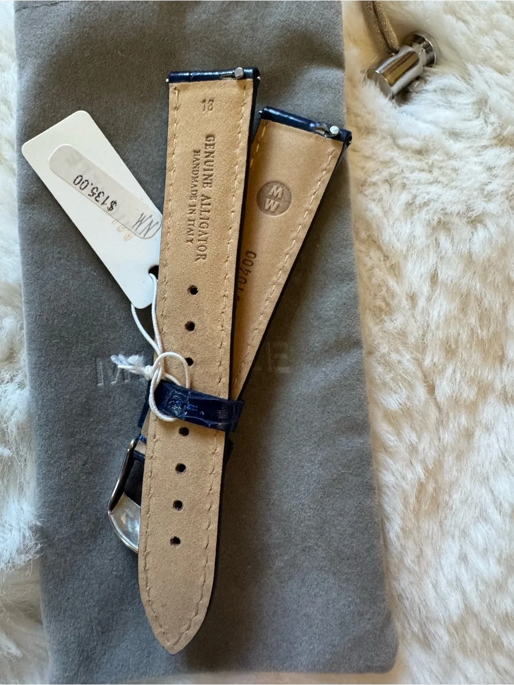 Michele Navy Croc-Embossed Patent Leather Watch Strap with Silver Buckle
